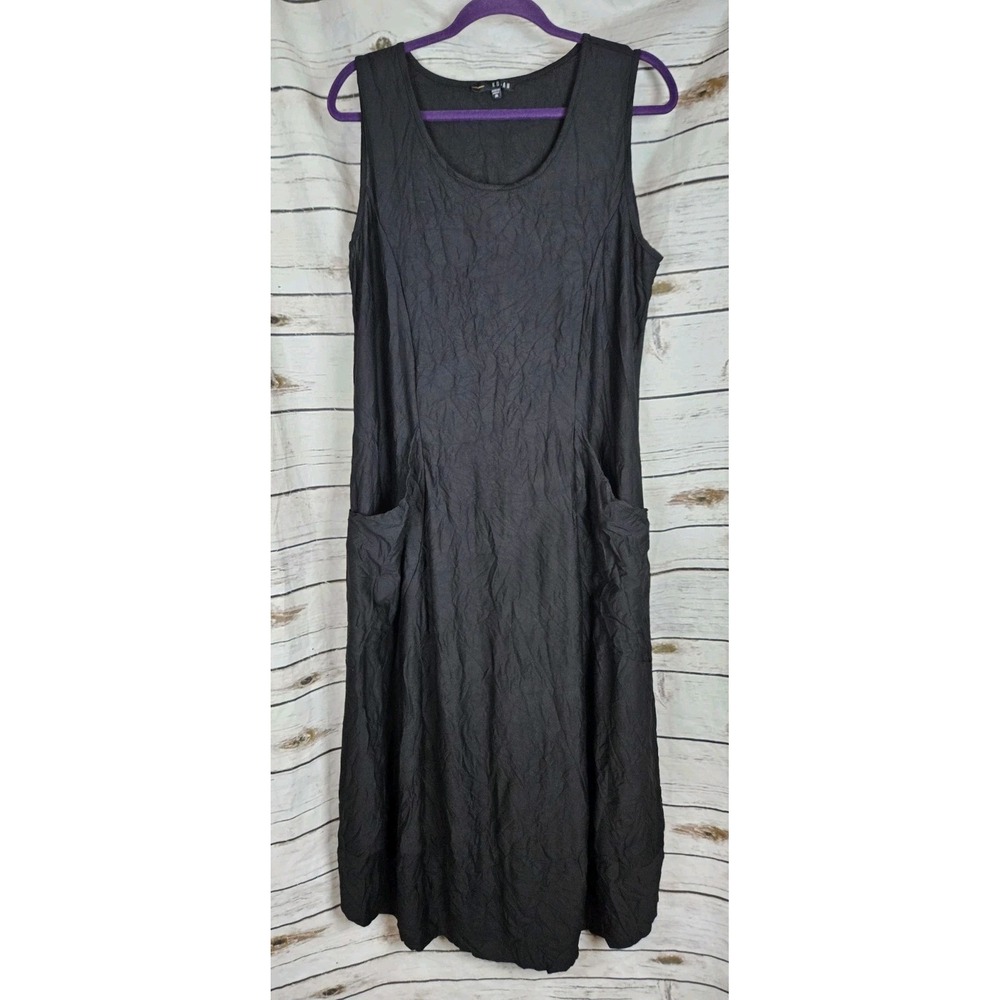 Kozan Black Knit Cocoon Dress L Lagenlook Crinkle Art to Wear Midi